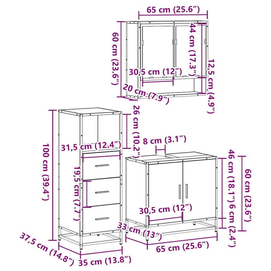 3 Piece Bathroom Furniture Set Sonoma Oak Engineered Wood