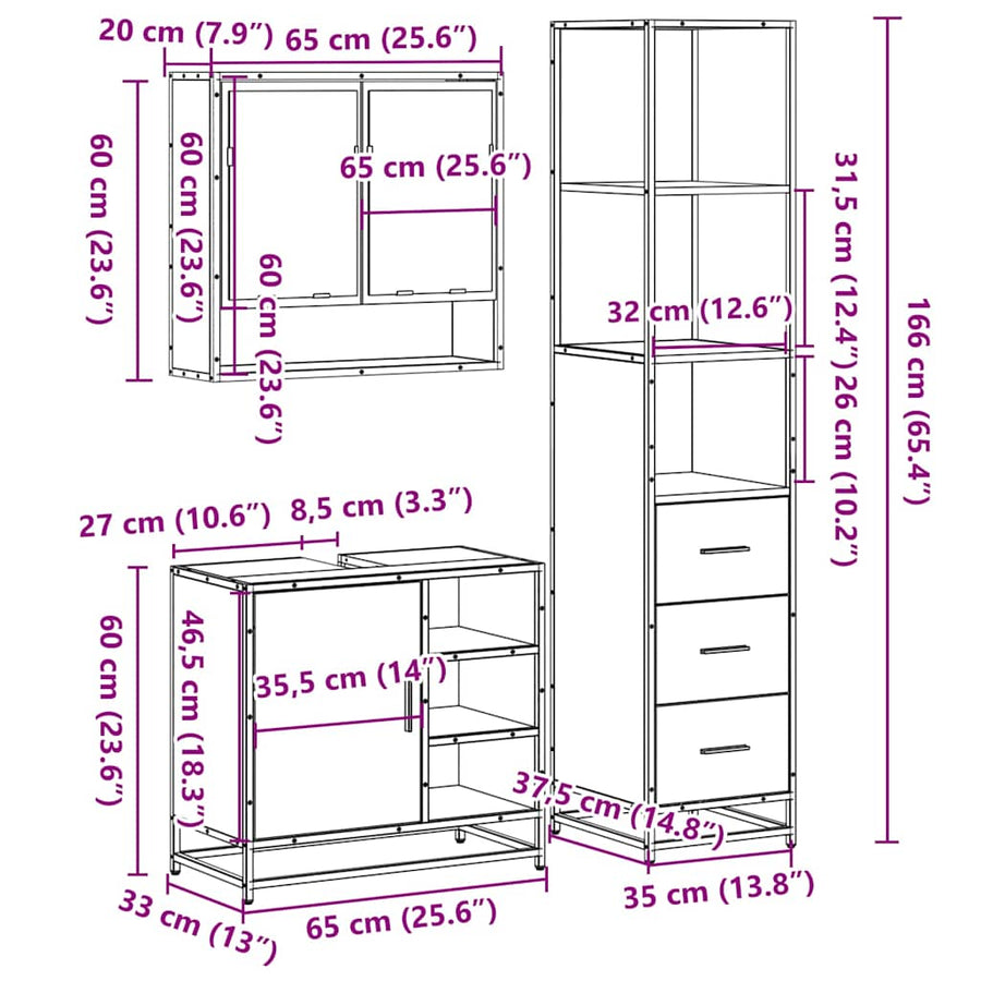 3 Piece Bathroom Furniture Set Sonoma Oak Engineered Wood