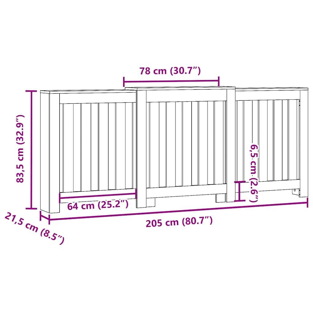 Radiator Cover White 205x21.5x83.5 cm Engineered Wood