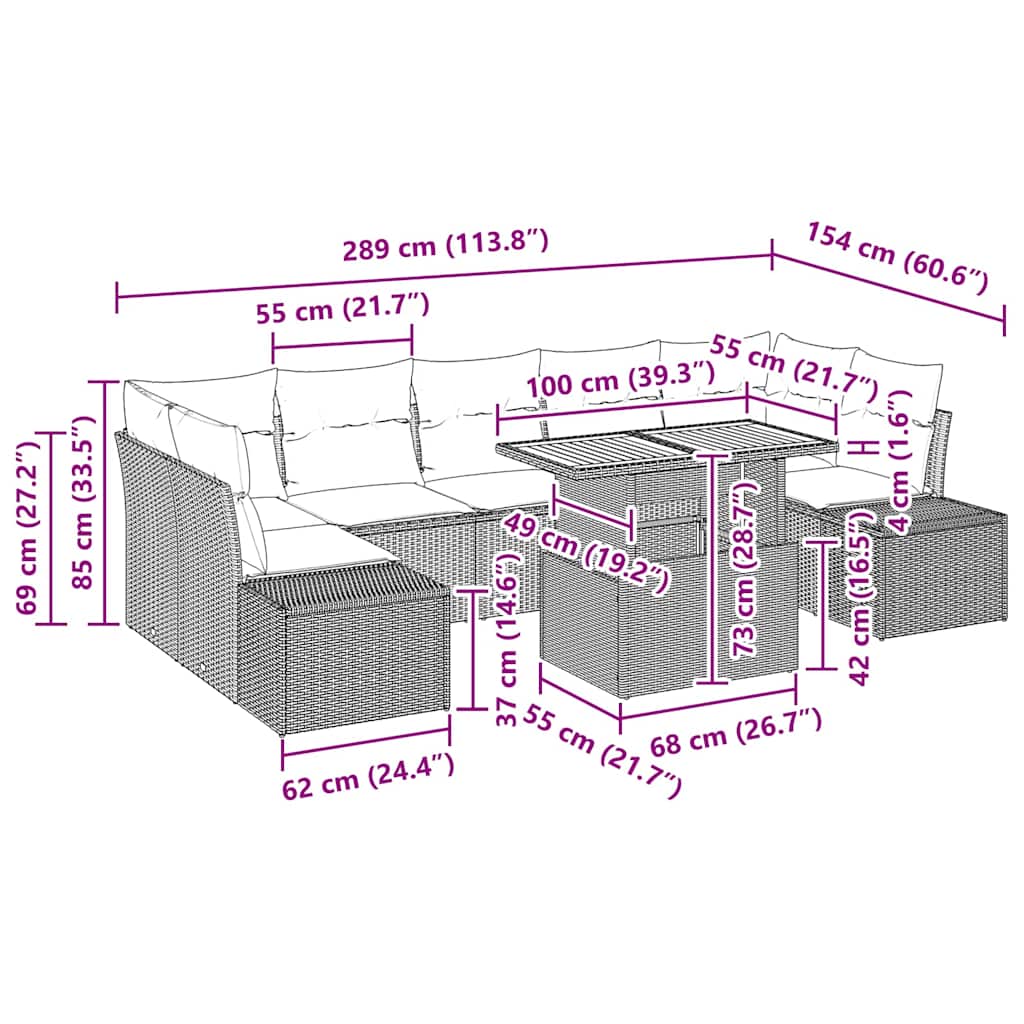Garden Dining Set Manual 8 pcs Black and Brown 100 x 55 x 73 cm