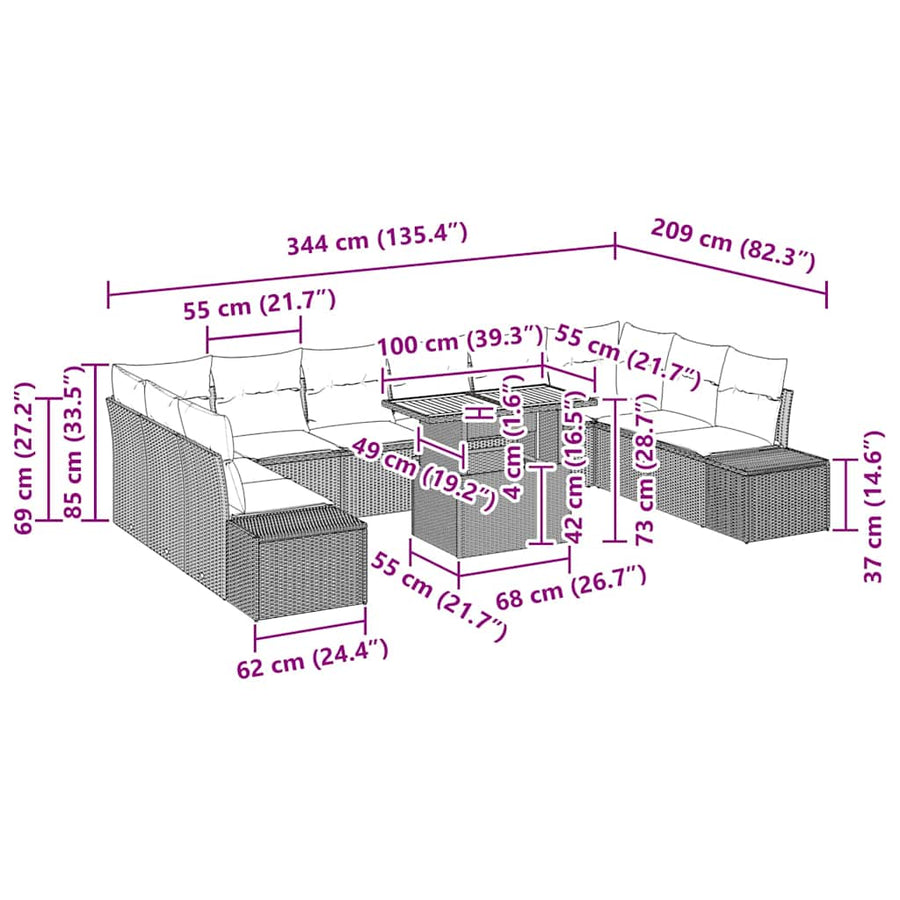 Garden Sofa Set 11 pcs Black 100 x 55 x 73 cm