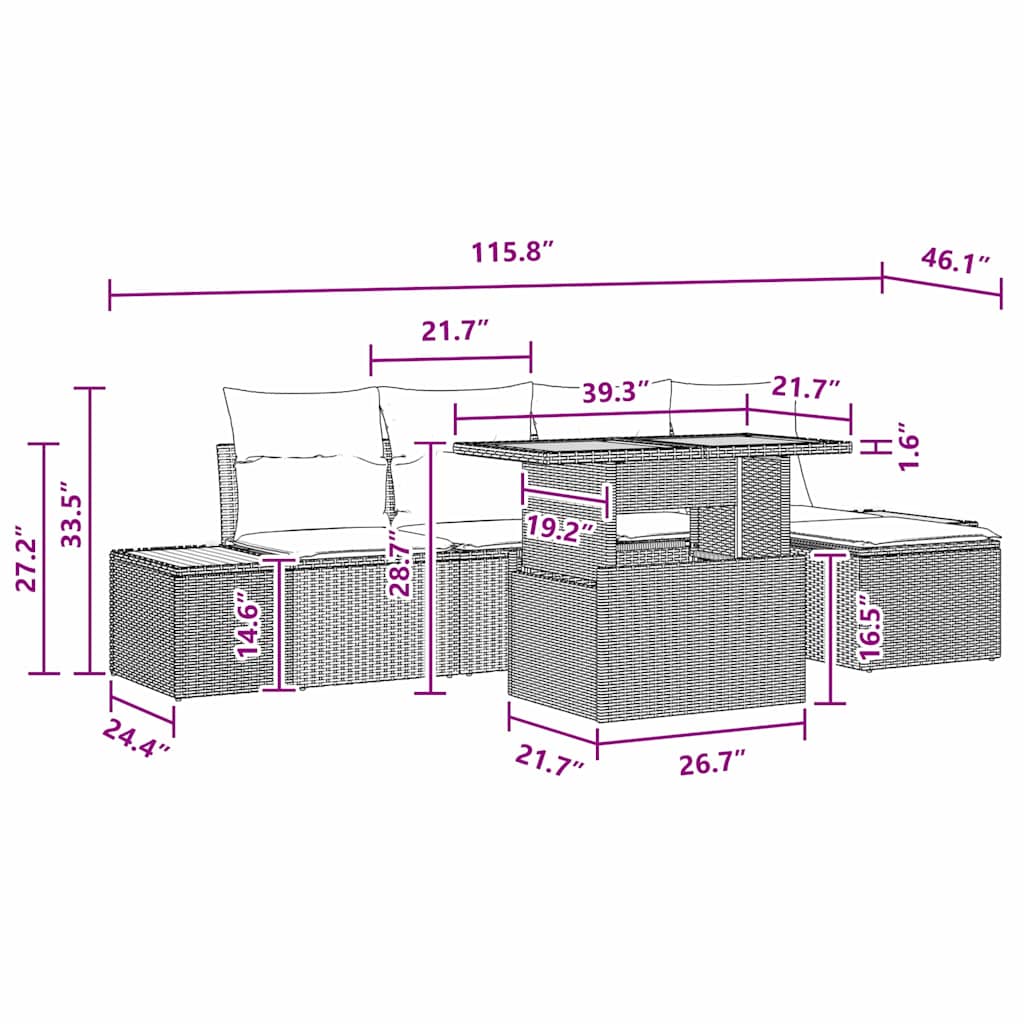 Garden Dining Set with Cushion 6 pcs Black and Brown