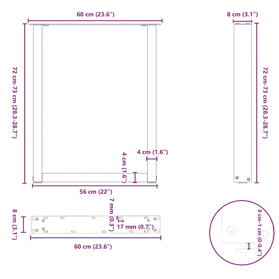 Dining Table Legs U-Shaped 2 pcs Black 60x(72-73) cm Steel