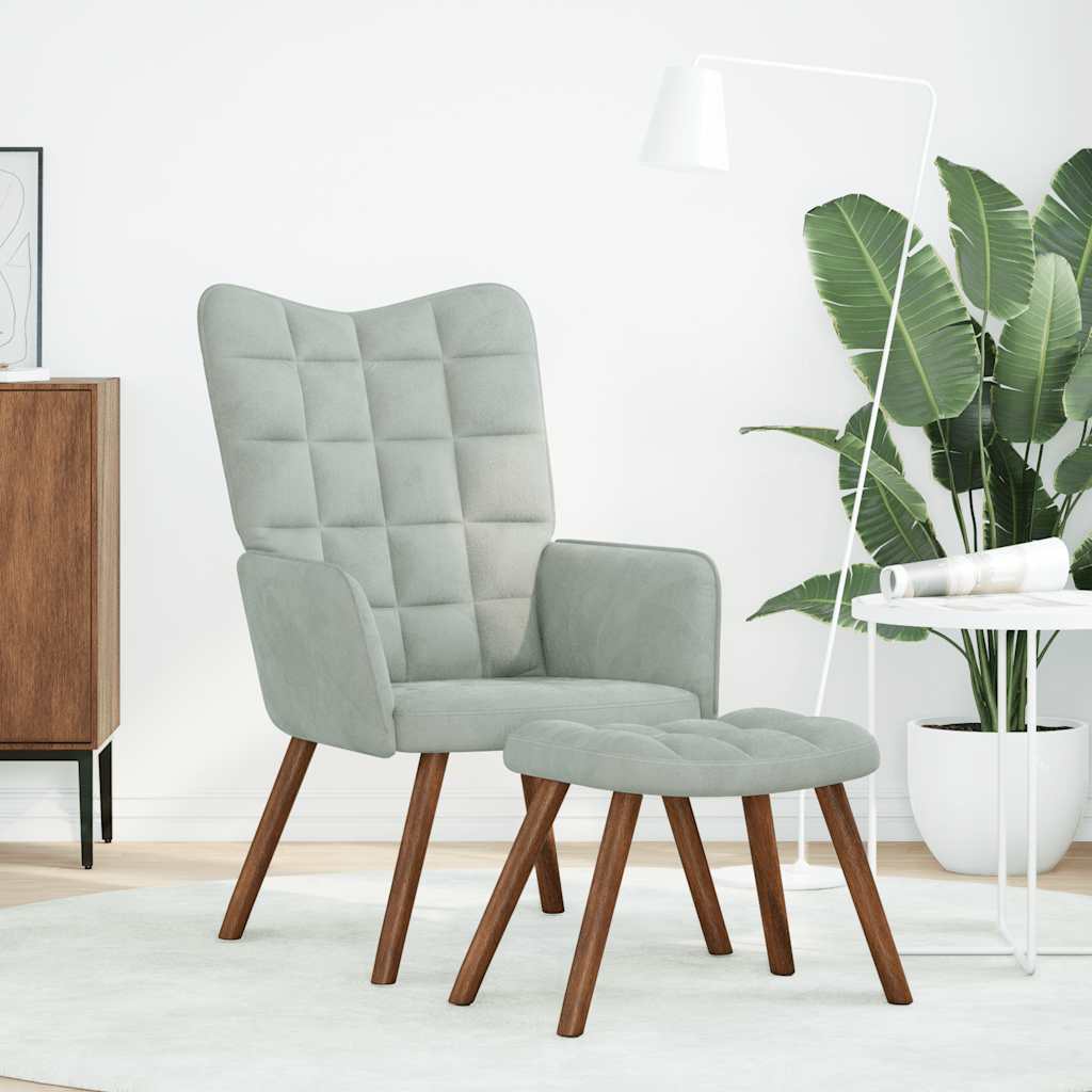Relaxing Chair with Stool Light Grey Velvet
