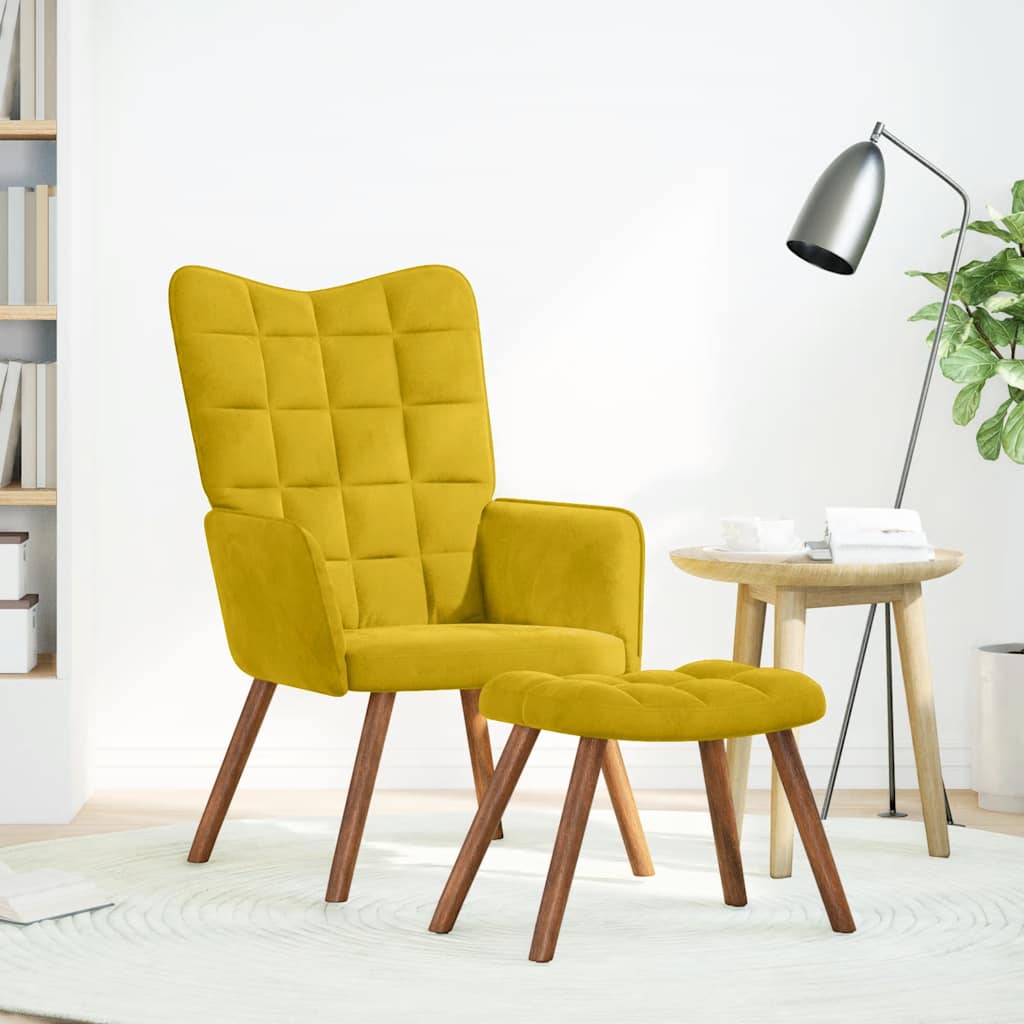 Relaxing Chair with Stool Yellow Velvet