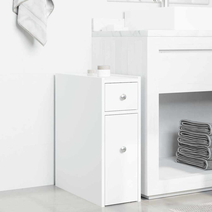 Narrow Bathroom Cupboard with Wheels White Engineered Wood