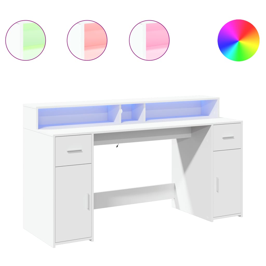 Desk with LED Lights White 160x55x91 cm Engineered Wood