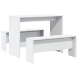 3 Piece Dining Table and Bench Set White Engineered Wood - Front View