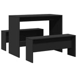 3 Piece Dining Table and Bench Set Black Engineered Wood - Front View