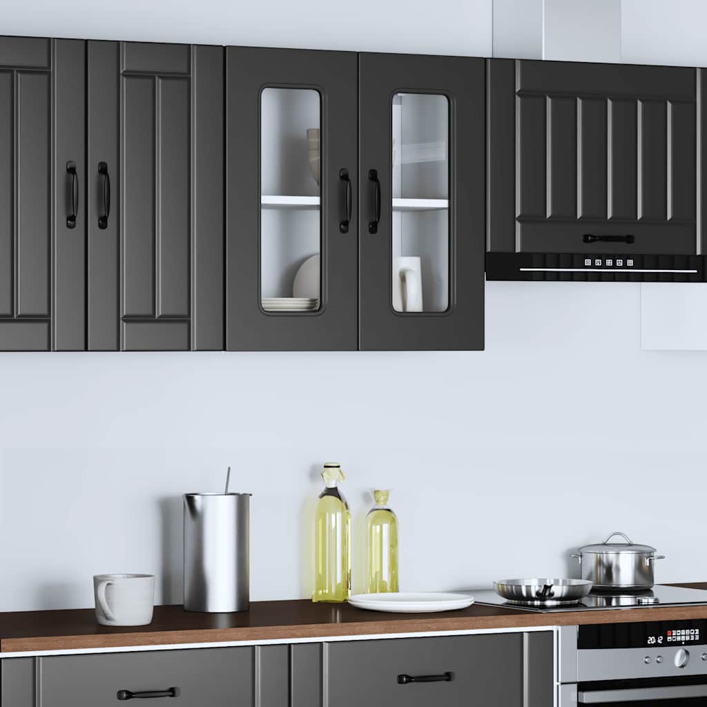 Kitchen Wall Cabinet with Glass Door "Kalmar" Black Engineered Wood