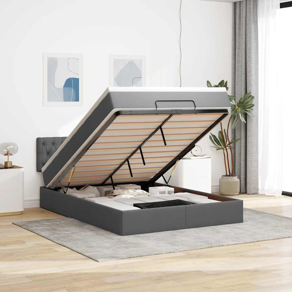 Ottoman Bed with Mattress Dark Grey Double Fabric