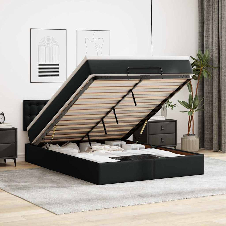 Ottoman Bed with Mattresses & LEDs Black Queen Faux Leather