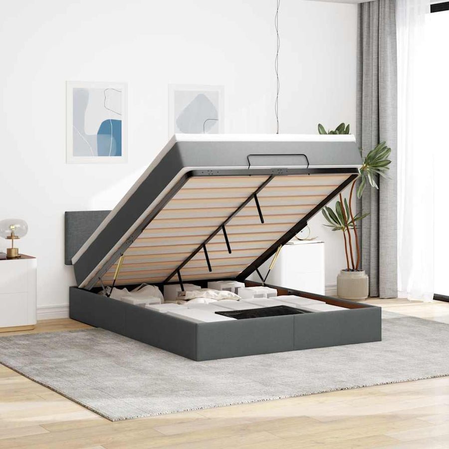 Ottoman Bed with Mattress & LEDs Dark Grey Double Fabric