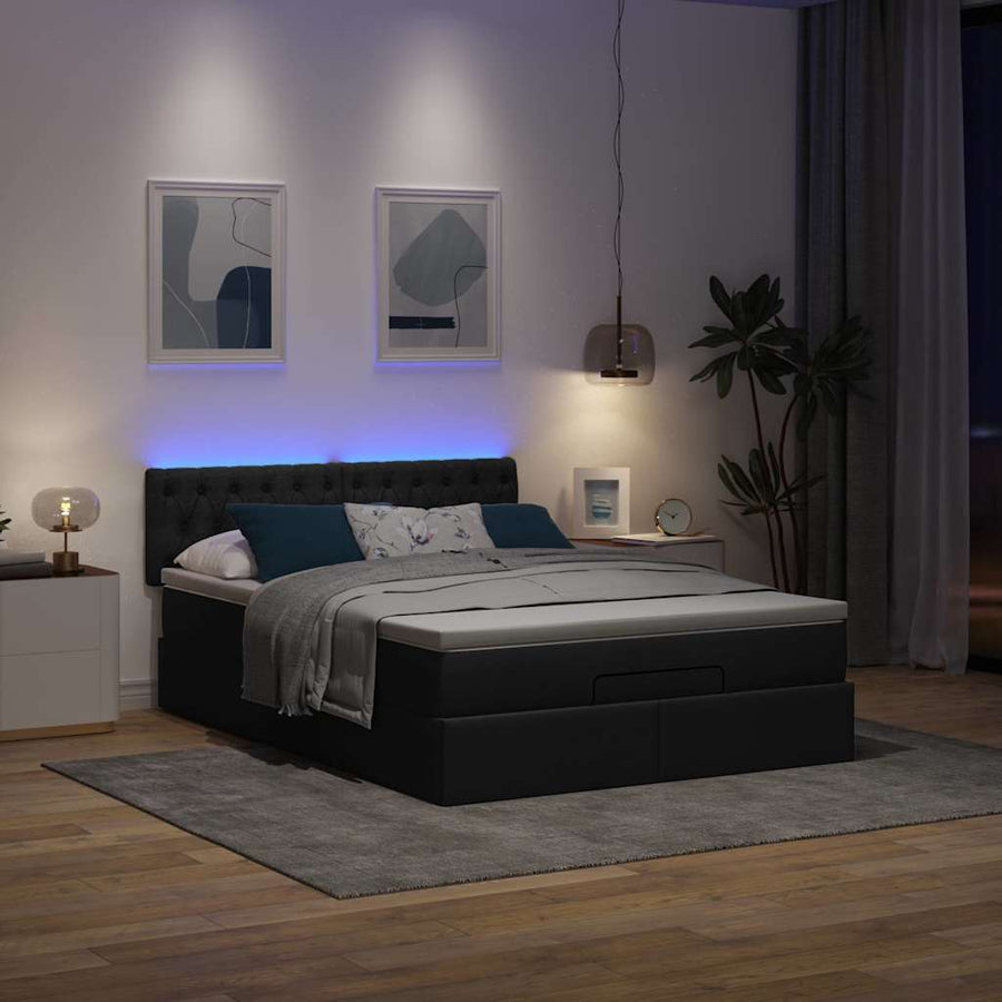 Ottoman Bed with Mattress & LEDs Black Queen Fabric