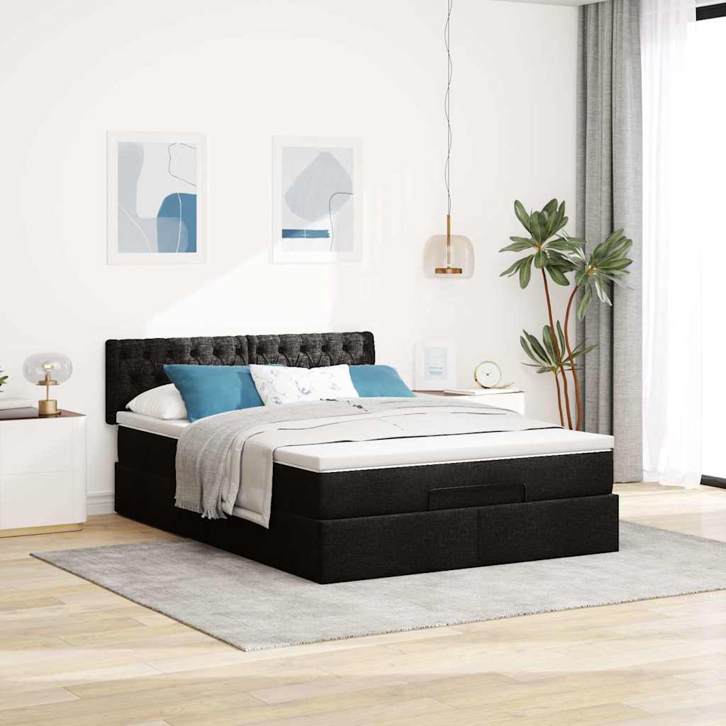 Ottoman Bed with Mattress & LEDs Black Queen Fabric