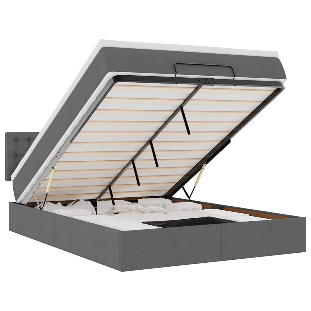 Ottoman Bed with Mattress & LEDs Dark Grey Queen Fabric