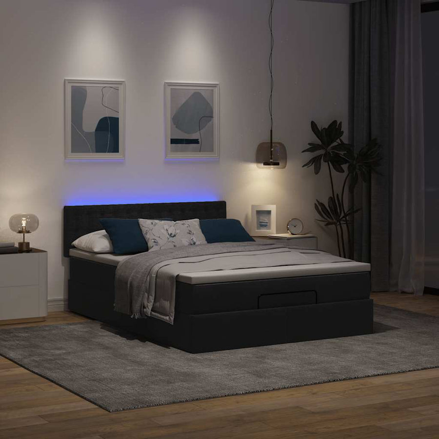 Ottoman Bed with Mattress & LEDs Black Queen Fabric