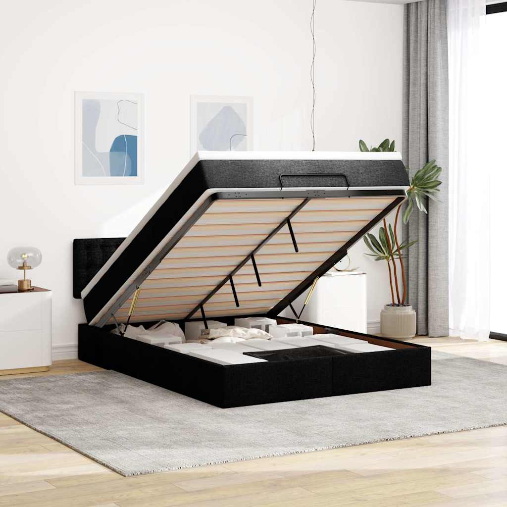 Ottoman Bed with Mattress & LEDs Black Queen Fabric