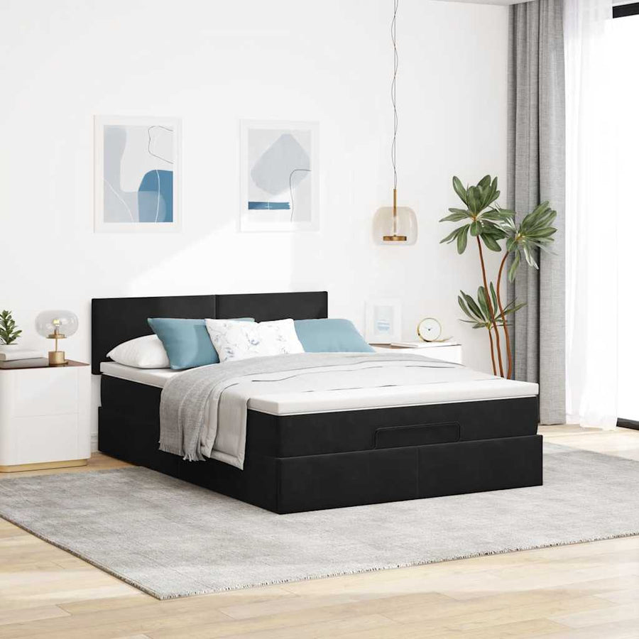 Ottoman Bed with Mattress & LEDs Black Queen Velvet