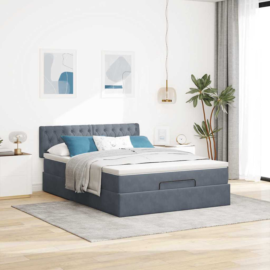 Ottoman Bed with Mattress & LEDs Dark Grey Double Velvet