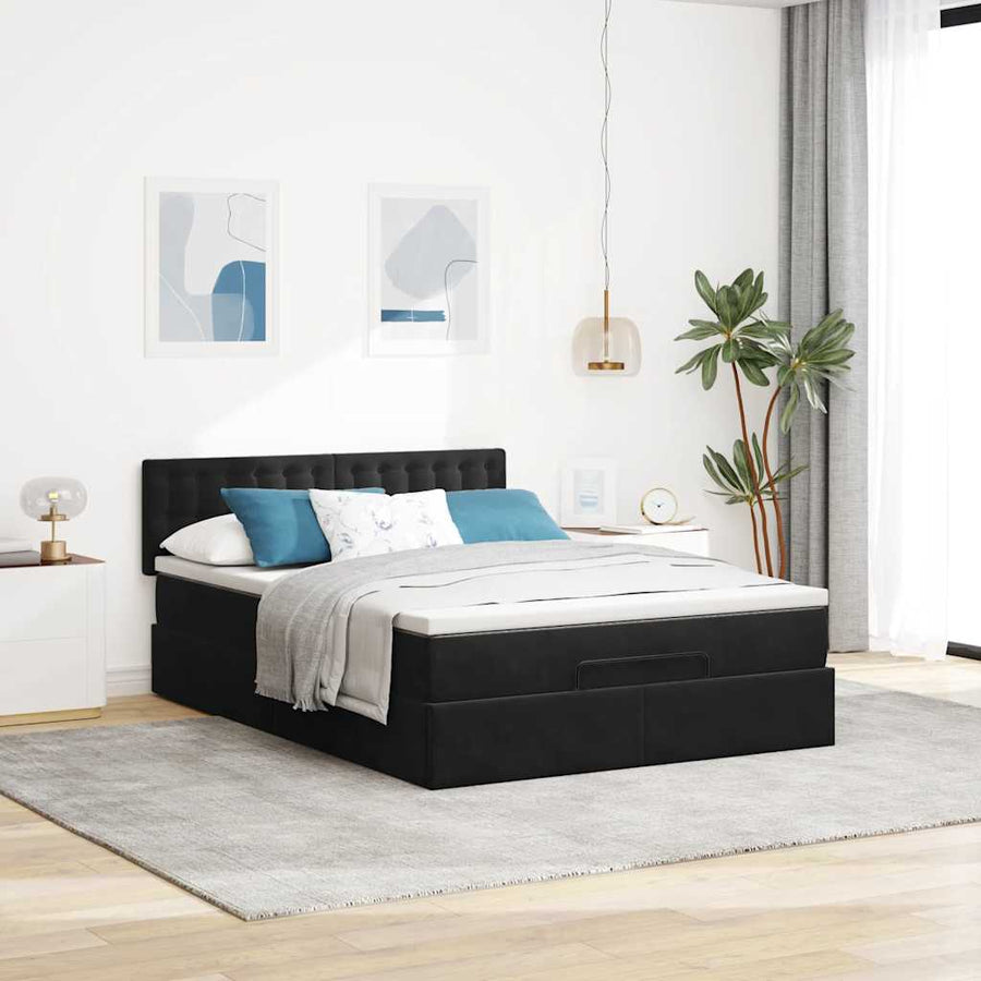 Ottoman Bed with Mattress & LEDs Black Queen Velvet