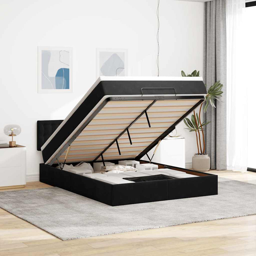 Ottoman Bed with Mattress & LEDs Black Queen Velvet