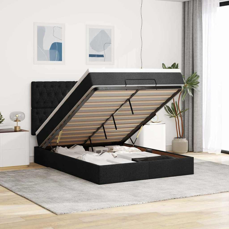 Ottoman Bed with Mattress Black Queen Fabric
