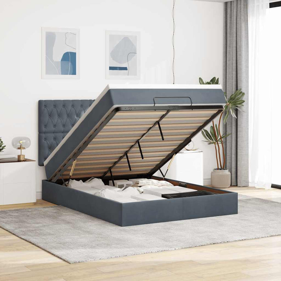 Ottoman Bed with Mattresses Dark Grey Queen Velvet