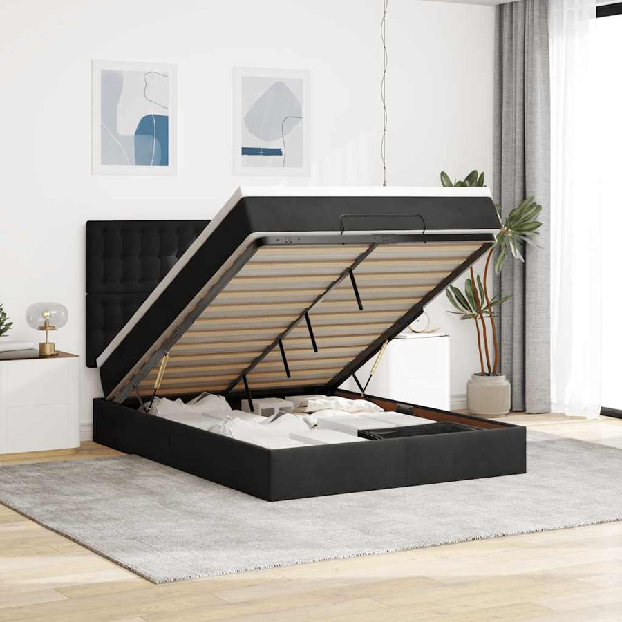 Ottoman Bed with Mattresses Black Queen Velvet