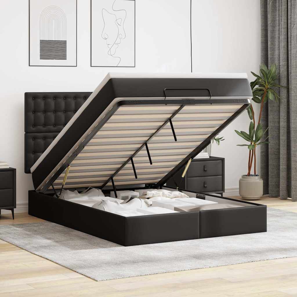 Ottoman Bed with Mattress & LEDs Black Queen Faux Leather