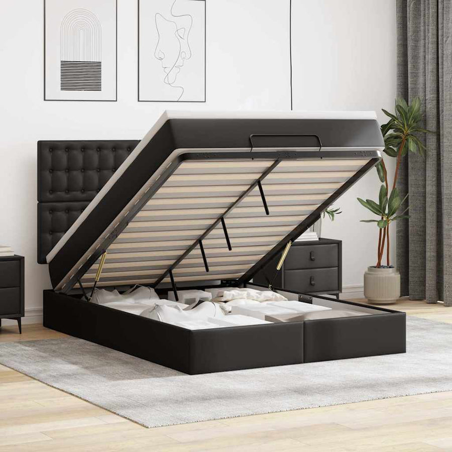 Ottoman Bed with Mattress & LEDs Black Queen Faux Leather