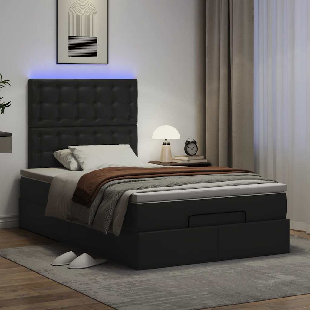 Ottoman Bed with Mattress & LEDs Black King Single Faux Leather