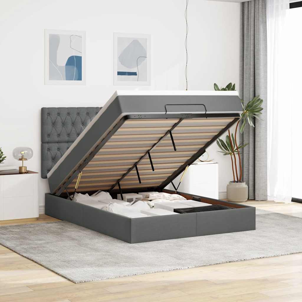 Ottoman Bed with Mattress & LEDs Dark Grey Queen Fabric