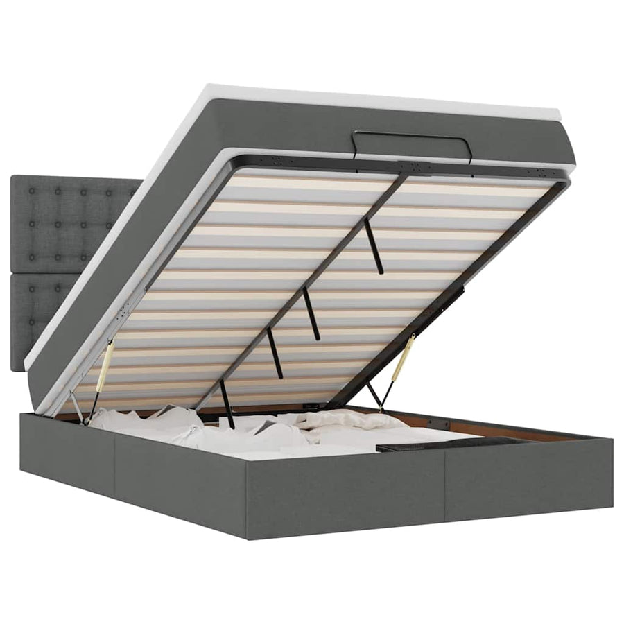 Ottoman Bed with Mattress & LEDs Dark Grey Queen Fabric
