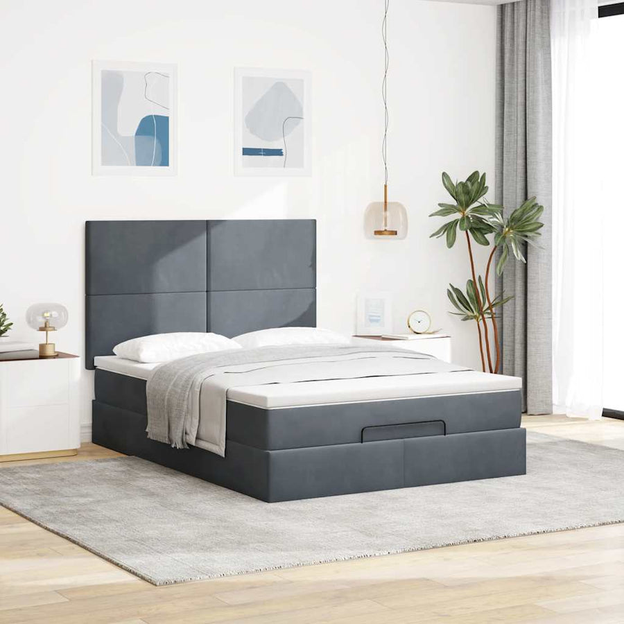 Ottoman Bed with Mattresses & LEDs Dark Grey Double Velvet