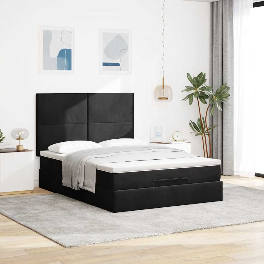 Ottoman Bed with Mattresses & LEDs Black Double Velvet