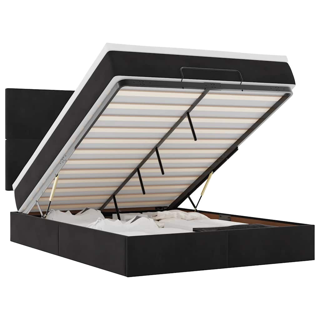 Ottoman Bed with Mattresses & LEDs Black Queen Velvet