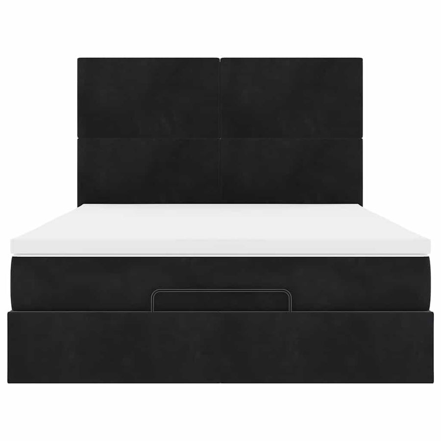 Ottoman Bed with Mattresses & LEDs Black Queen Velvet