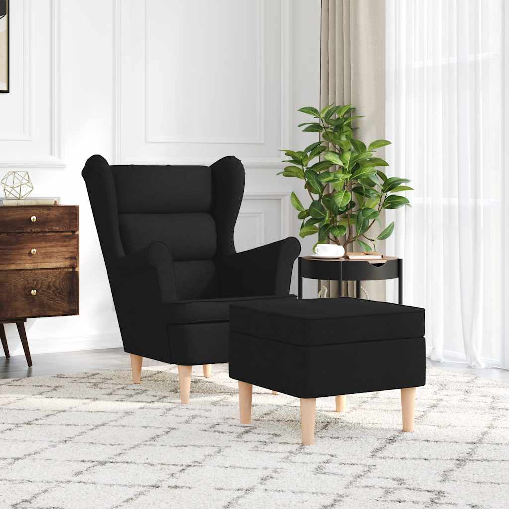 Armchair with Footstool Black Fabric