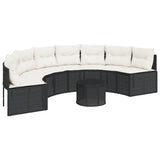 Garden Sofa with Table and Cushions Half-Round Black Poly Rattan - Front View