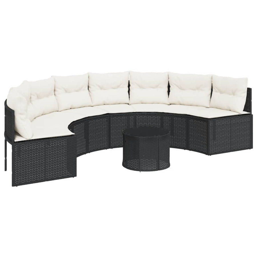 Garden Sofa with Table&Cushions Half-Round Black Poly Rattan