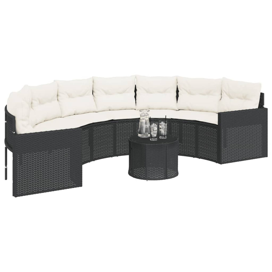 Garden Sofa with Table&Cushions Half-Round Black Poly Rattan