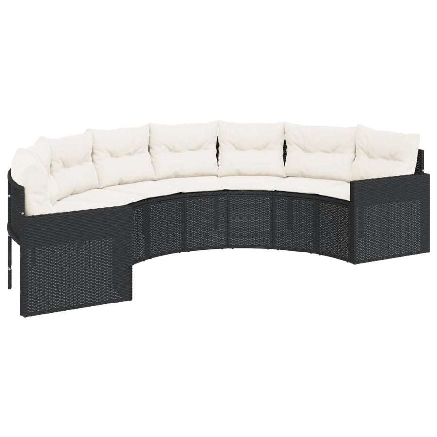 Garden Sofa with Table&Cushions Half-Round Black Poly Rattan