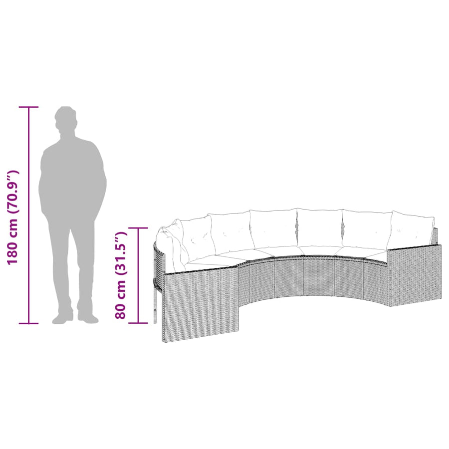 Garden Sofa with Table&Cushions Half-Round Black Poly Rattan