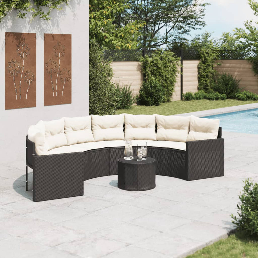 Garden Sofa with Table&Cushions Half-Round Black Poly Rattan