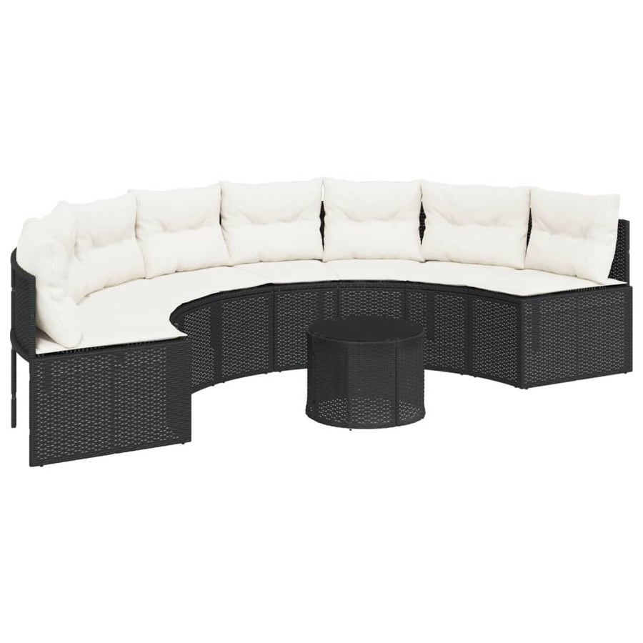 Garden Sofa with Table&Cushions Half-Round Black Poly Rattan