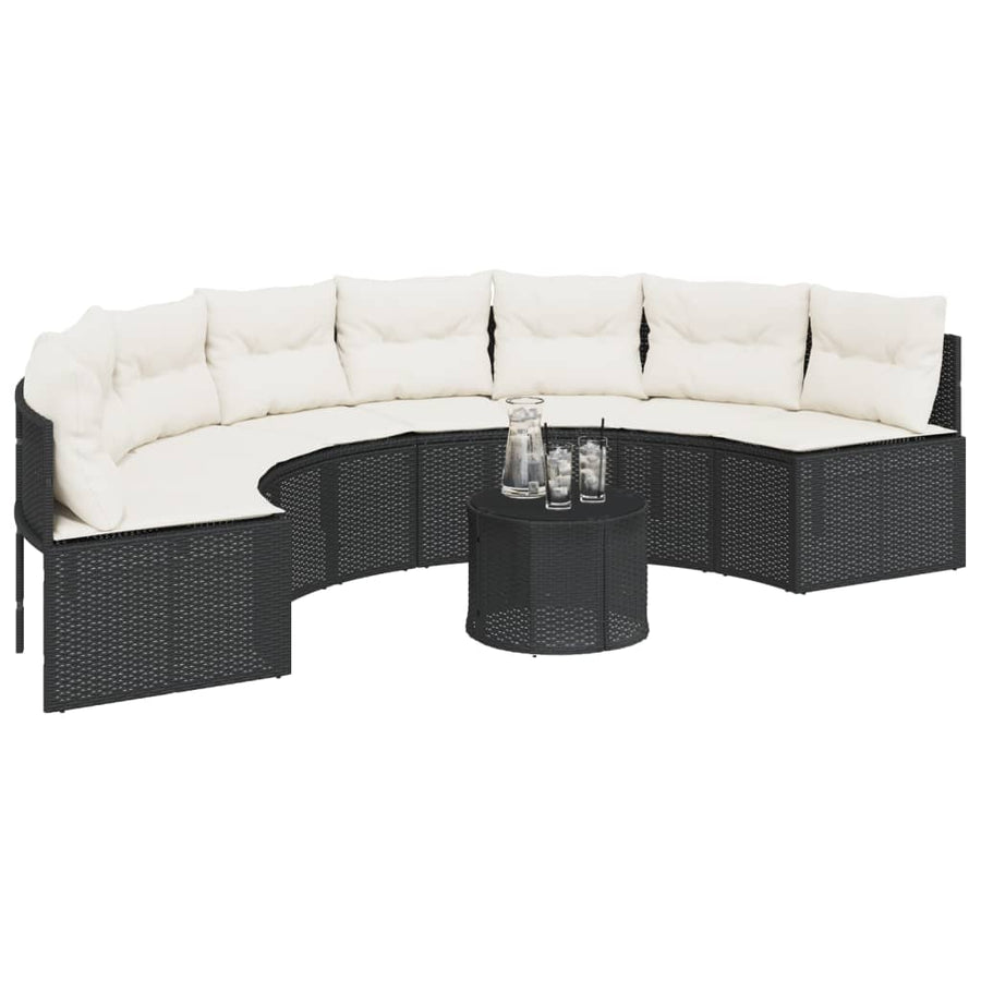 Garden Sofa with Table&Cushions Half-Round Black Poly Rattan