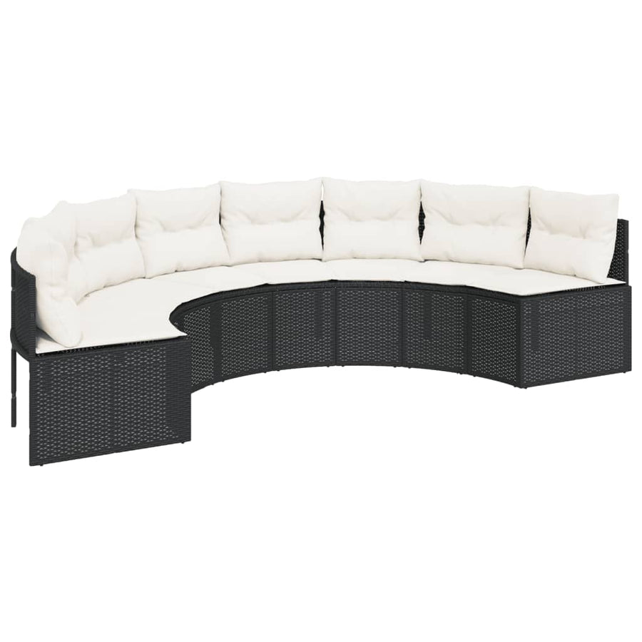Garden Sofa with Table&Cushions Half-Round Black Poly Rattan
