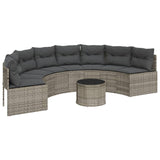 Garden Sofa with Table and Cushions Half-Round Grey Poly Rattan - Front View