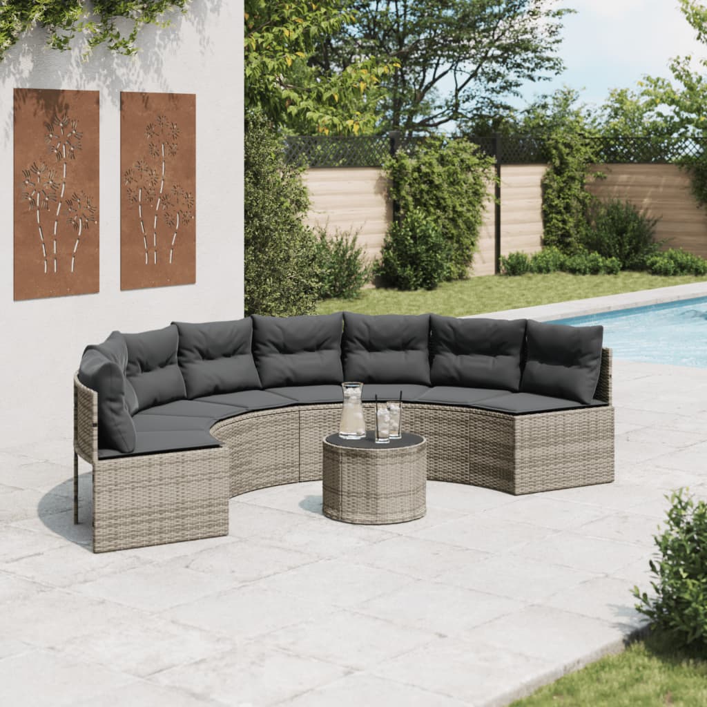 Garden Sofa with Table and Cushions Half-Round Grey Poly Rattan